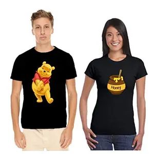 TheYaYaCafe Yaya Cafe� Valentine Couple T-Shirts Printed Winnie The Pooh Honey Premium Cotton Men Women Black_MXL_WM
