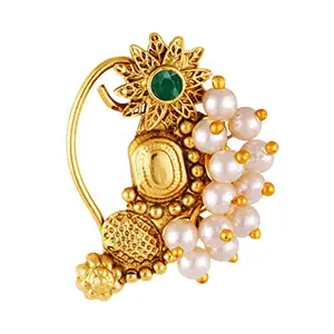 VFJ VIGHNAHARTA FASHION JEWELLERY Vighnaharta Gold Plated with Pearl Alloy and Artificial stone Non Piercing Maharashtrian Nath Nathiya./ Nose Pin valentine day gift valentineday gift for her gift for him gift for women gift for women {VFJ1167NTH-Press-Green }