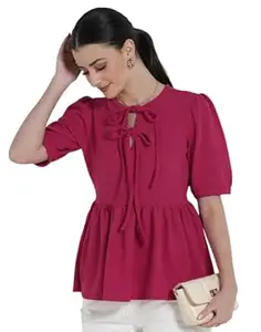Selvia Women’s Solid Pink Peplum Top with Tie-Up Neck & Puff Sleeves