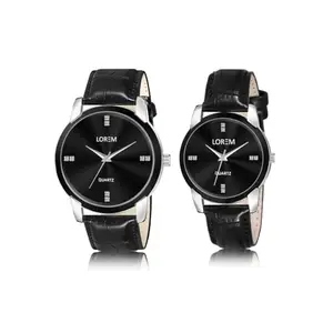 LOREM Combo of Stylish Synthetic Leather Black Dial Round Watches for Couple-LR96-LR343-FZ