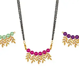 JFL - Jewellery for Less Adorable Combo of Multi Color Bead and Leafy Oxidise Changeable Pendant with Gold Plated Black Beaded Double Chain Mangalsutra (Set of 3),Valentine