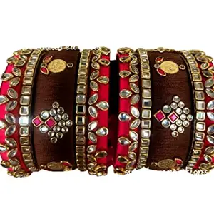 Blue jays hub Silk Thread Bangles New kundan Style Brown and pink Color Set of 10 for Women/Girls (Brown and pink, 2.4)