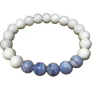 RRJEWELZ Natural Blue Lace Agate & White Jade Round Shape Smooth Cut 8mm Beads 7.5 inch Stretchable Bracelet for Healing, Meditation, Prosperity, Good Luck | STBR_02190