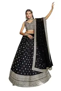 RANGPOSHAK Black Embroidered Lehenga Choli Set with Dupatta, Soft Net and Art Silk, Zari Sequins Work, Semi-Stitched