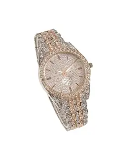 Analog Copper Silver Two Tone Round Diamond Chronograph Unisex Watch