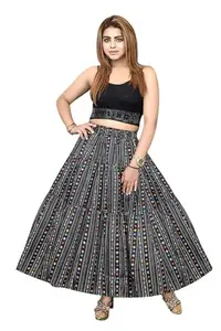 Aayat Enterprises Printed Delta Long Skirt, Traditional Geometric Pattern, Ankle Length (in, Alpha, XL, Regular, Black Printed)