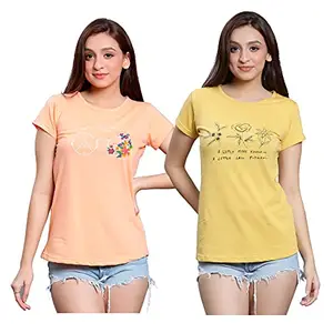 Dilemma Women's Graphic Print T-Shirt (Set of 2) (Medium, Mustard - Peach, m)
