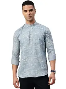 Majestic Man Men's Pure Cotton Printed Mandarin Collar Slim Fit Roll-Up Sleeves Short Kurta