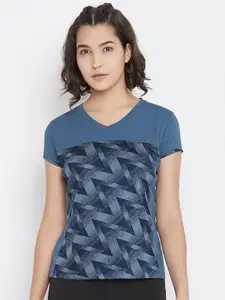 Jump USA Printed Women V Neck Blue T-Shirt_Navy Blue_M