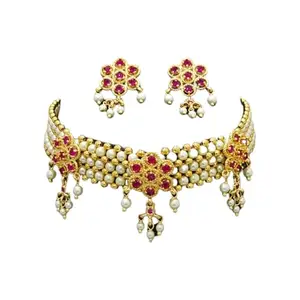 Traditional Maharashtrian Thushi Necklace, Gold Plated Copper with Red Stones and Pearls,