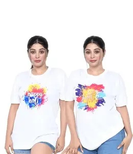 SWAGATA Enterprise Regular Fit Graphic Printed Air Jet Half Sleeve Holi T-Shirt for Women |Casual,Stylish Round Neck Holi T-Shirt| Pack of 2 -White/Multi 80_S