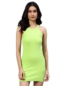 UNFLD Women Floral Printed Halter Neck Dress | Crepe Midi Dress Bodycon Casual Western Stylish Dress for Girls - Neon Green (Medium)