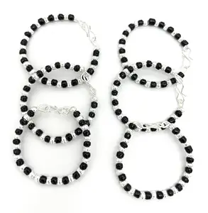 Ratnamalika Beaded Bracelet Set, Black and Silver Beads, Set of 6, 15-20 cm Circumference