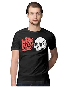 ALLEN BLACK Men's Regular Fit T-Shirt Work Keeps Me Going - Ironic Skull 100% Cotton T-Shirt Black_WKEEMIRKSL-Black 2XL Men Round_