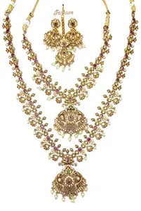 Traditional Indian Bridal Jewellery Set with Necklace, Earrings and Maang Tikka, Gold-Plated with Purple and Green Stones, Pearl Accents