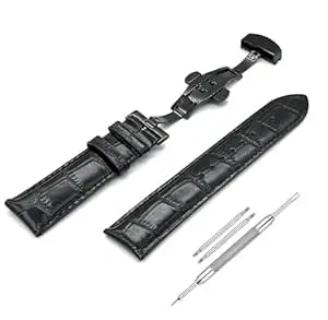 Lineon 22mm Half Padded Premium Leather Mens Watch Strap with ButterFly Lock For Branded Watches Tool and Pins Include