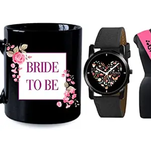 Relish Gift for Girls, Black Analogue Watch & Bride to Be Printed Coffee Mug & Bride to Be Sash