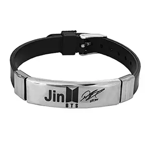M Men Style Jin BTS With Sign Silver And Black Stainlees Steel And Silicone Bracelet For Men And women