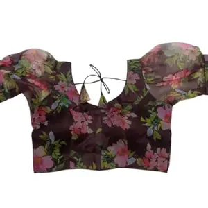 LadyAura Women's Floral Crop Top, Puff Sleeve Readymade Blouse with Tie Back, Green and Coral, Free Size (Dark Violet, Free Size)