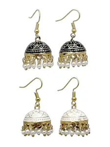 Desire Jewellery Rajasthani Jhumka Earrings for Women|Traditional Meenakari Earrings Combo|Handcrafted Lightweight Pearl Drop Earring Set|Minimal Earrings For Girls|Ethnic Fashion Jewelry(Black,White)