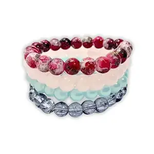 Crystal Beads Bracelet 8 MM Round Cut Adjustable Elegant Stylish Handmade Jewelry Gift Bracelet Friendship Couple Women Girls Boys Men | Set of 4 (Combo 2)