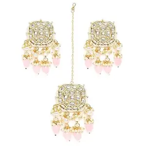 fabula Jewellery Pink Beads & Kundan Jadau Maangtikka Set with Drop Earring For Women & Girls Stylish Latest (MT^EAR-NEIY1_AFR1)