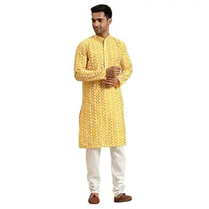 SOJANYA (Since 1958 Men's Silk Blend Yellow Embroidered Kurta & White Churidar Pyjama Set,size: 42