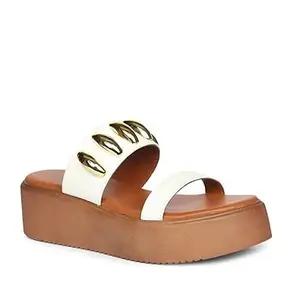 VIVILBLU Women Flat Sandals | Gold Oval Embellished Strap | Soft Cushioned Footbed | Slip-On Comfort Flats | Anti-Skid Sole | Casual Office &