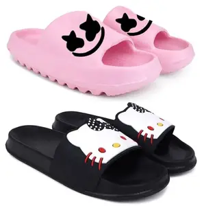 Pampy Angel Combo Pack of 2 Slipper/Flip Flops/Slides for Women,(YW-Smat-Pink,Kitty-Black),37 (Euro)