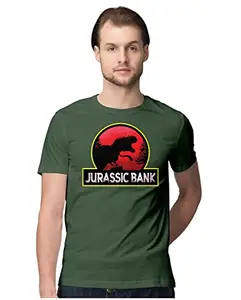 ALLEN BLACK Men's Regular Fit T-Shirt Jurassic Bank - Dinosaur Banker 100% Cotton T-Shirt Olive Green_JURABANK-Olive Green L Men Round_