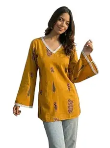 ANNI Designer Women's Viscose Blend Printed Short Kurti | Ethnic Printed Tunic Top | V Neck Lace Detail | Full Sleeve Hip Length Kurta Top for Women