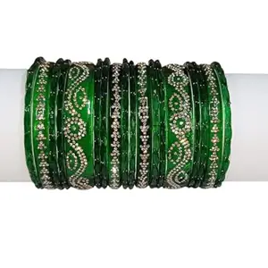 Traditional Glass Bangles Set, Green with Silver Design (2.4)