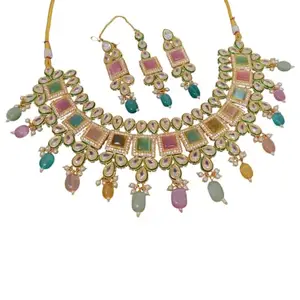 PESTAL COLOUR BRASS NECKLACE WITH EARRINGS & BINDI
