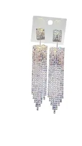 Crystal Rhinestone Dangle Earrings, Long Waterfall Design, Iridescent Silver color