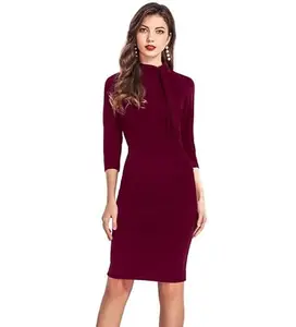 Women's Knitting strachable Solid Round Neck 3-4th Dresses (Maroon, L)-PID56850