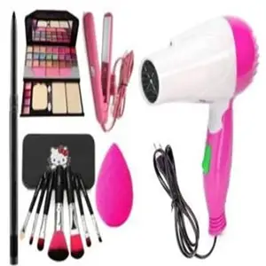 DEXKLUT TYA 6155 Multicolour Makeup Kit and 12H Smudgeproof Kajal Pencil, 7 Pcs Black Makeup Brushes Set, Pink Beauty Blender, Hair Styling Hair Straightener with Hair Dryer - (Pack of 12)