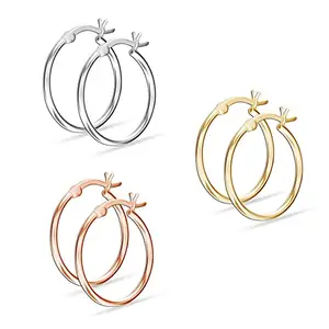 Amazon Brand - Nora Nico 925 Sterling Silver BIS Hallmarked Set of 3 Pairs Click-Top 3 Colors Hoop Earrings for Women and Girls 25 MM