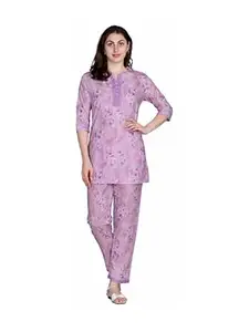 KIZA Women Cotton Kurti Pyjama Set | Floral Print Kurta Pant Co-ord Set | Soft Breathable Lightweight Fabric | Elegant Ethnic Wear Outfit | Stylish Comfortable Kurti Set for Women Pink