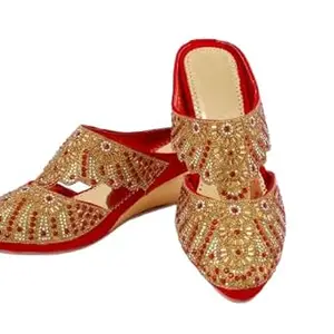 Women's Heels | Ethnic Block Heel Mules | Designer Slip-On Footwear for Wedding, Festive (Red&Golden, UK Footwear Size System, Adult, Women, Numeric, Medium, 9)