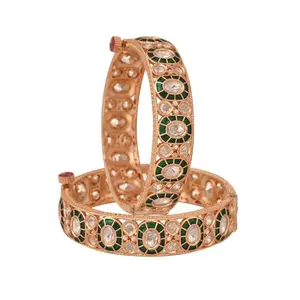 Ratnavali Jewels Gold Plated Kundan Green Enamel Traditional Openable Kada Bangles for Women/Girls