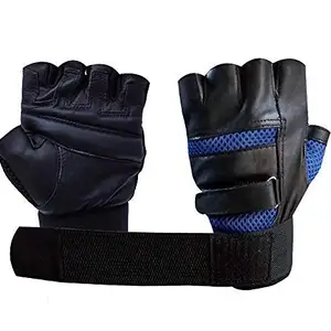 ZaySoo Leather Gym Gloves with Wrist Support Free Size (Blue)