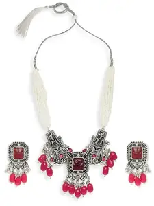 OOMPH Jewellery Oxidised Silver Tone Maroon & Rani Pink Engraved Jaipur Stones Ethnic Choker Necklace Set with Drop Earrings For Women & Girls Stylish Latest (NECK3_Z3)