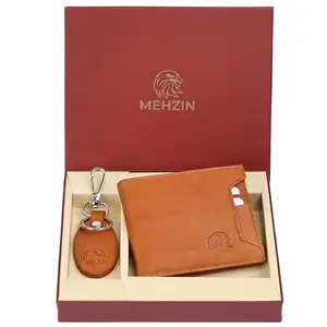 MEHZIN Men Formal Tan Genuine Leather RFID Wallet with Kay-Chain Combo Set (6 Card Slots)
