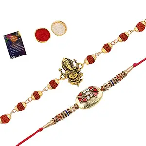 Rakhi Rudraksh With Designer Rakhi For Bhaiya With Roli Chawal And Greeting Card -500
