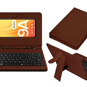 ACM Keyboard Case Compatible with Xiaomi Redmi 9a Sport Mobile Flip Cover Stand Direct Plug & Play Device for Study & Gaming Brown