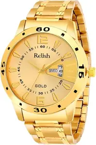 Golden Plated Chain Premium Day & Date Feature Watch for Men & Boys | Elegant Quartz Analog Wristwatch | Ideal for Birthday, Anniversary & Festive Gifting