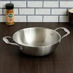 Femora Induction Safe, Stain Resistant, Zero Coating Stainless Steel Tri-ply Deep Frying Kadhai Pan (26 cm Capacity 3.2 L)