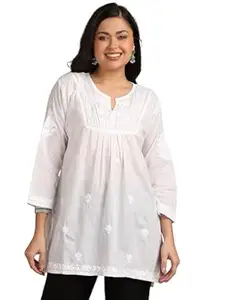 Vahson Women Pure Cotton Floral Hand Embroidered Chikankari Flared Short Kurta