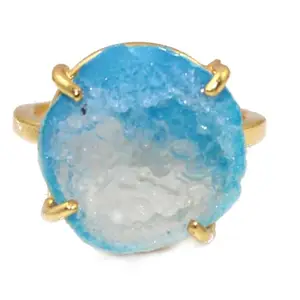 KHN Fashion Beautiful Natural Milky Blue Geode Druzy Prong Setting Yellow Gold Plated Rings For Her