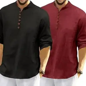 FINIVO FASHION Combo of Men’s Casual Full Sleeve Kurta Style Shirt with Button Placket, Lightweight Breathable Fabric, Regular Fit Ethnic Fusion Wear for Daily & Festive Use Pack of 2